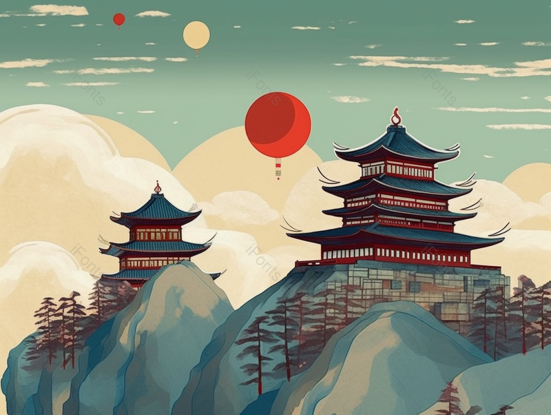 红色灯笼古城古代建筑黄色天空山顶水墨写意古典主义绘画,插画/手绘图,插画/手绘图库,插画/手绘图下载,插画/手绘